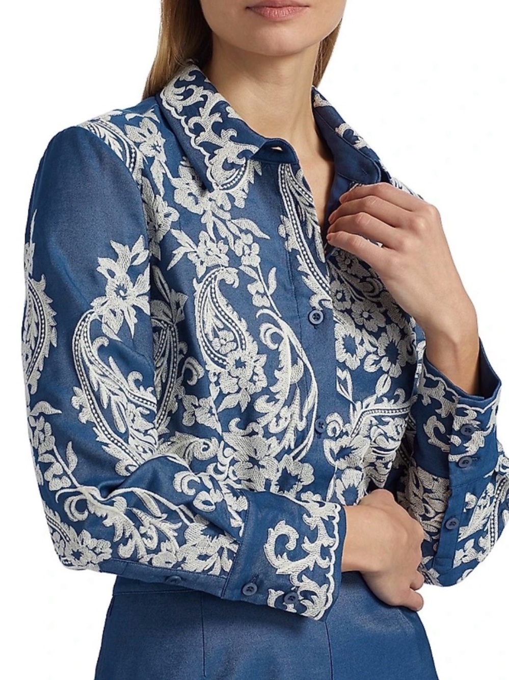 If Only Studio Navy Blue Cropped Jacket with White Embroidered Paisley